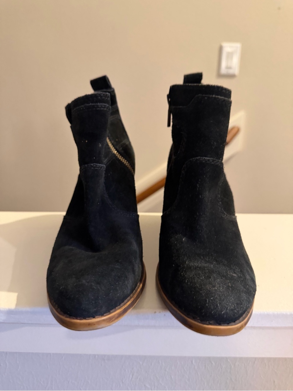 Lucky Brand Black Suede Ankle Booties with Tan Stacked Sole